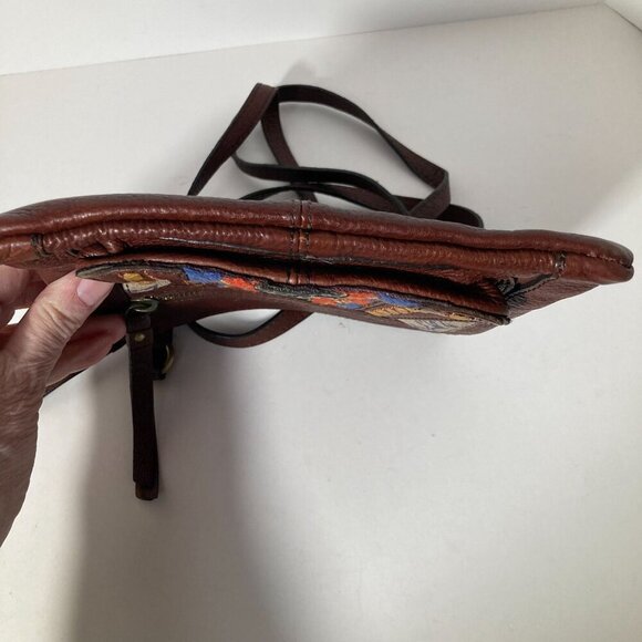 Womens Fossil Leather Tapestry Boho Crossbody Bag Brown Orange Blue 8 x 8" - Picture 5 of 9